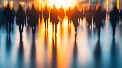 Obraz premium Urban Commuters in Motion Blur, City Life at Sunset with Silhouettes of People Walking