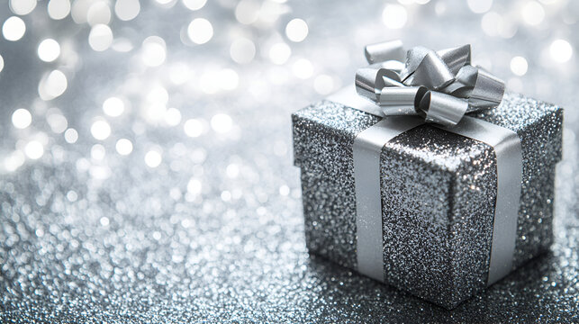 gift wrapping box surrounded by glitter on a holiday background silver gift box on silver glitter background , goft box in siver ribbon  on bokeh background
