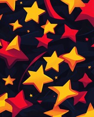 Obraz premium Dark red and yellow 2D cartoon layout featuring vibrant stars Contemporary geometric abstract illustration ideal for advertising posters and banners
