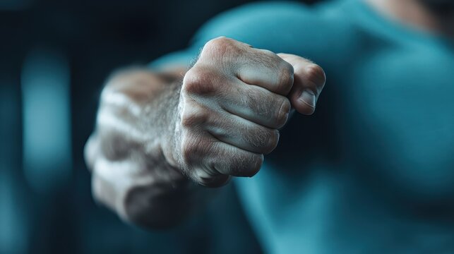 An image focusing on a person's clenched fist with pronounced muscle veins and strength. The shot embodies physical power, readiness for action, and resolute determination.
