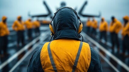 A rear view of a navy flight deck crew member wearing protective gear and yellow vest, standing on an aircraft carrier deck while a squad of crew members gather in background.