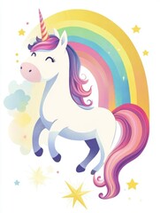 Cute 2D cartoon unicorn illustration featuring a magical rainbow design Ideal for fairy tale themed prints and decor