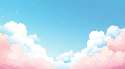 Soft blue and pink sky with white clouds featuring ample copy space A whimsical summer scene with pastel colors and fluffy cotton candy like clouds perfect for creative design 2D cartoon illustrati
