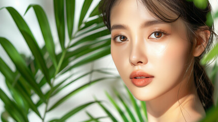 Fototapeta premium Asian woman with dewy skin and natural makeup standing near tropical leaves