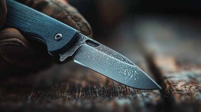 A hand gripping a knife with water droplets on the blade, set against a textured wooden background, highlighting the ruggedness and reliability of the tool.