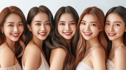 Obraz premium Group of young Asian women smiling together with natural beauty in soft lighting