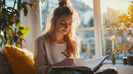 A young woman journaling her wellness goals in a bright, sunny space