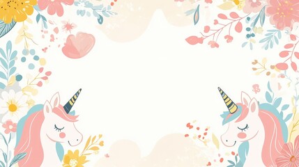 Obraz premium Rectangular floral backdrop featuring adorable unicorn faces designed for girls creations with a semicircle frame for text offering a horizontal layout and ample empty space