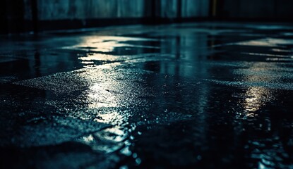 Dark room, wet floor, light shining from the left side, reflections on the ground