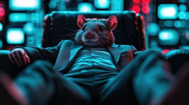 A mouse dressed in a suit is relaxed and lounging on a reclining chair, set against a whimsical background of lights and screens, combining fantasy and humor in one vivid image.