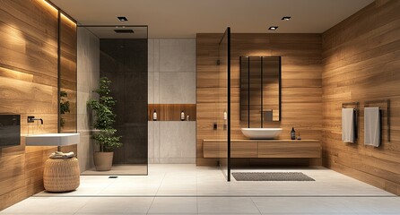 create an interior design rendering of modern bathroom with wood wall panel