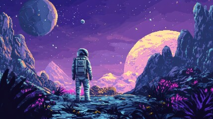 Fototapeta premium An Astronaut Gazes at a Distant Planet in a Pixelated Landscape