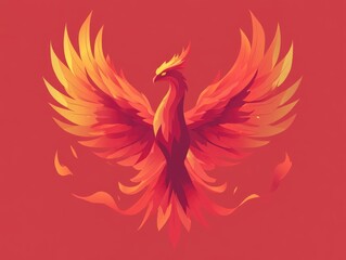 Fototapeta premium Mythical phoenix with fiery red wings and feathers depicted in a 2D cartoon style An abstract representation of a flaming bird resembling an eagle falcon or hawk in a heraldic design