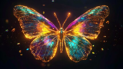 3d luminous neon glowing colorful butterfly. Modern shiny illuminated textured insect pattern with golden glitter. Surface glow texture. Trendy decorative background. Isolated gold fantasy butterfly