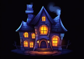 Fantasy Halloween mansion house isolated icon in 2D cartoon illustration style