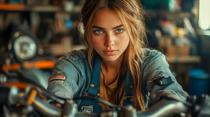 Plakat Confident young woman in a motorcycle jacket standing in a garage with motorcycles around her