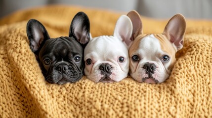 Obraz na płótnie Canvas A charming scene with three French Bulldogs, each with different coat colors, snuggled up together under a cozy, yellow knitted blanket, displaying cuteness and comfort.