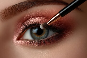 Naklejka premium Close up of a makeup brush applying soft pink eyeshadow on an eyelid ideal for radiant glowing makeup looks