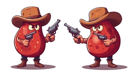 Cartoon bean bandit character Humorous 2D illustration of a red kidney cowboy or ranger wearing a hat and boots shooting with guns Isolated fantasy figure for a healthy food game or book