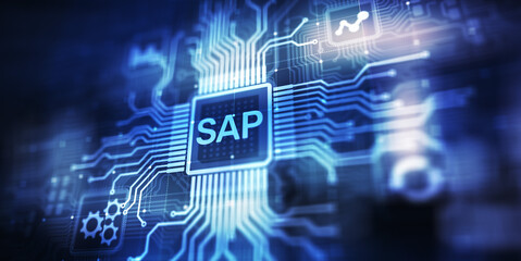 SAP - Business process automation software. ERP enterprise resources planning system concept on virtual screen.