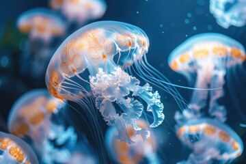 Obraz premium Mesmerizing Underwater Jellyfish in Stunning Blue Ocean Lighting