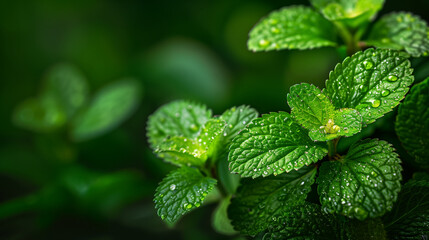 Fresh mint leaves with dewdrops in a lush green garden