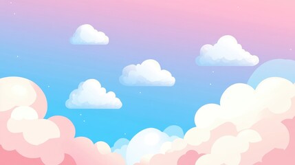 Soft blue and pink sky with white clouds featuring ample copy space A whimsical summer scene with pastel colors and fluffy cotton candy like clouds perfect for creative design 2D cartoon illustrati