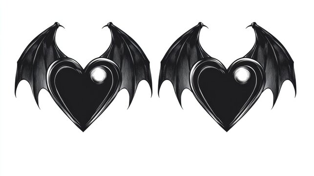 Two small black hearts resembling vampires featuring bat shaped wings displayed on a white background in a tattoo style