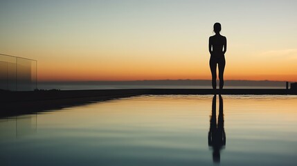 Fototapeta premium A man stands silhouetted at the edge of a pool, watching the sunset over a city skyline.