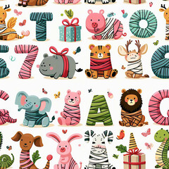 Seamless patterns, cartoons, animals, alphabet, beautiful colors, suitable for various graphic works.