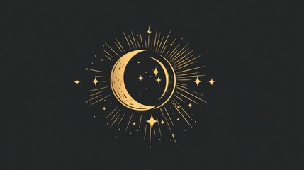 Fototapeta premium Elegant gold logo featuring sun moon and stars in a flat design style