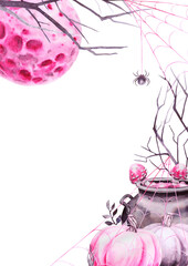 Halloween postcard template with place for text. Pink and black pumpkins, cauldron, poisonous mushrooms fly agaric, full moon, spider on web, branch. Watercolor hand drawn cut out isolated clip art
