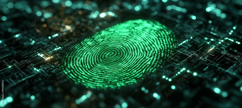 Aufkleber green finger print. digital security biometric human cyber identification. generative ai technology.