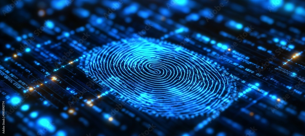 Poster digital blue finger print. internet security biometric human identification. generative ai technolog