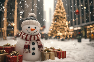 A smiling snowman with a knit hat and scarf stands surrounded by gifts in a snow-covered city square, with a large Christmas tree and lights in the background. Christmas concept.

