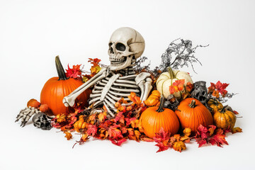 A whimsical Halloween arrangement featuring a skeleton surrounded by vibrant pumpkins and autumn leaves.