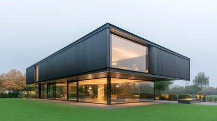 A large, modern building with a glass facade and a large window