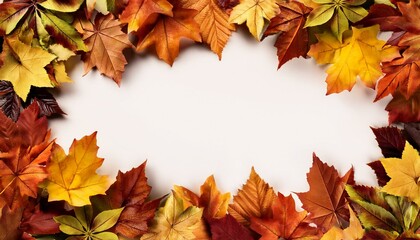 Fototapeta premium Frame from autumn-colored fall leaves in the wind isolated, overlay texture. 