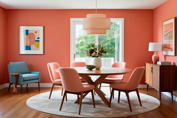 Fototapeta premium Contemporary Living Room with Light Peach Chairs Circular Beech Dining Table Accent Chair and Cabinet Coral Wall Design