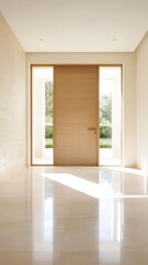 Fototapeta premium A large wooden door with a glass panel in the middle
