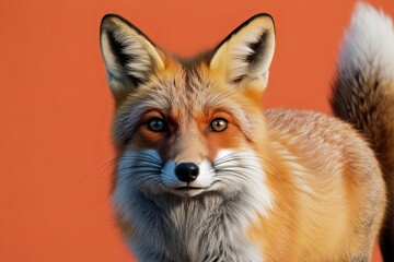 Fototapeta premium Curious Fox Close-Up with Bright Orange Background and Intrigued Expression