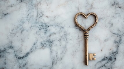 Antique, metallic key featuring a heart-shaped handle lies elegantly on a polished, white marble surface, representing romance, timelessness, and mystery.