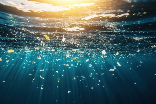Microplastic particles floating in clear blue ocean water. The tiny fragments are barely visible but represent the massive environmental challenge of plastic waste in marine ecosystems.