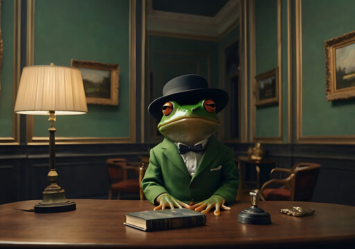 Hombre-rana con traje elegante en oficina, frogman in elegant suit in his office