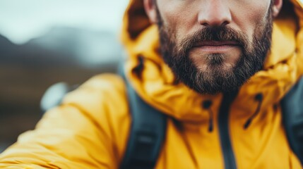This close-up image shows a person in a yellow jacket with a backpack, set against an outdoor background, emphasizing an adventurous spirit and readiness for exploration.