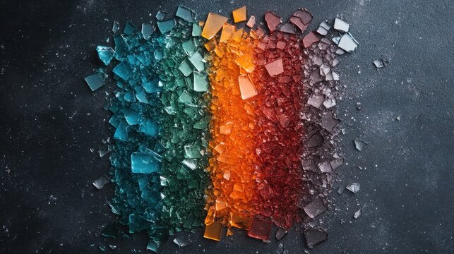 Arrangement of broken glass pieces in a vertical gradient progression from teal to orange to red, scattered on a dark surface, creating a vivid and artistic composition.