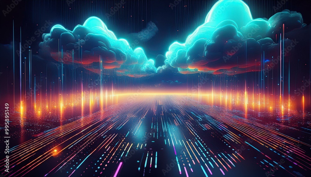 Poster flow of data in the future digital rain and cloud computing. abstract digital rain of binary code in