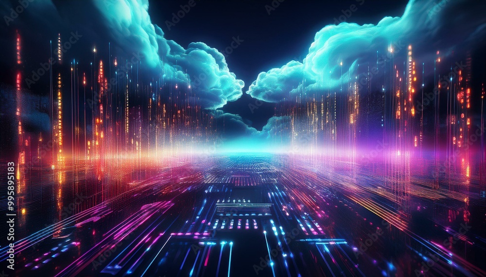 Wall mural flow of data in the future digital rain and cloud computing. a vibrant illustration depicting a clou