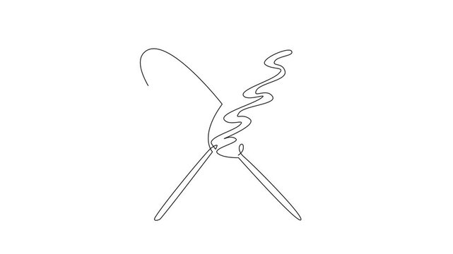 Animated self drawing of single one line drawing two crossed corn dogs. Complete with chili sauce and mayonnaise to add to delicious taste. Dessert logo. National Corn Dog Day. Full length animation