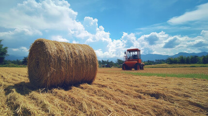 Obraz premium vibrant agricultural scene featuring large hay bale in foreground and tractor working in background under bright blue sky. landscape conveys sense of productivity and rural life